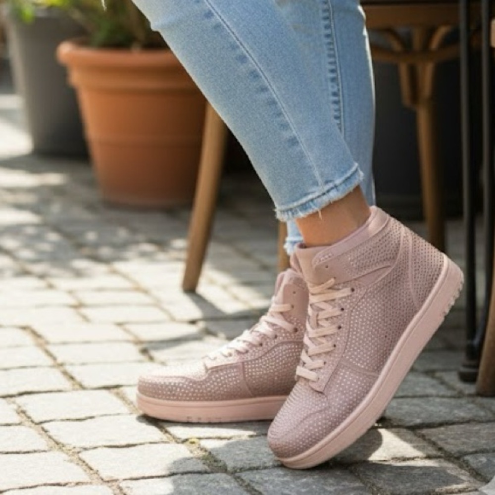 Women’s Rhinestone Lace-Up High Top Mauve Sneakers